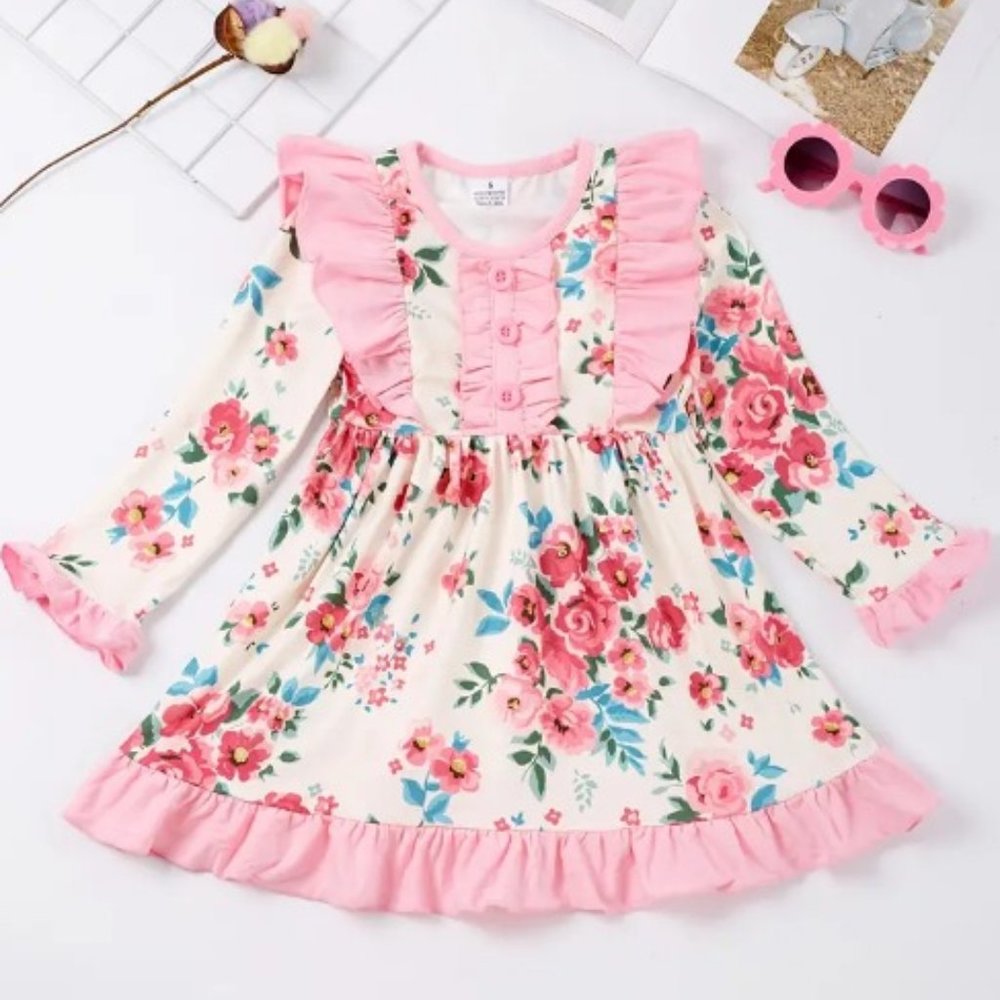 Boutique Floral Pink Long Sleeve Girls Dress